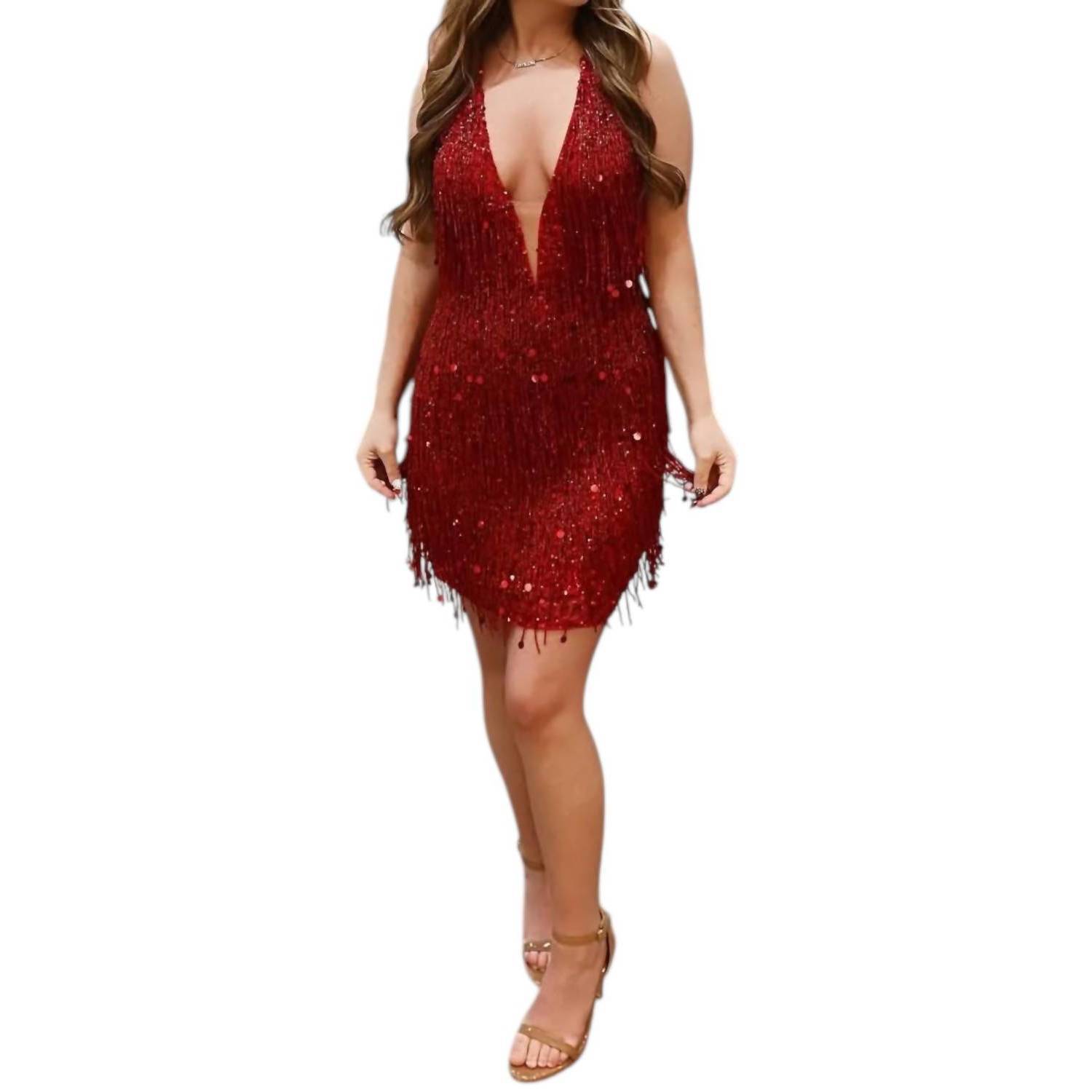 New Aleta Plunging Neckline Fringe Dress In Red